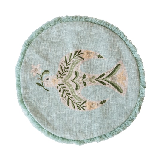 Hello Honey® 16" Light Green Embroidered Dove & Fringe Round Cotton Pillow Cover & Insert